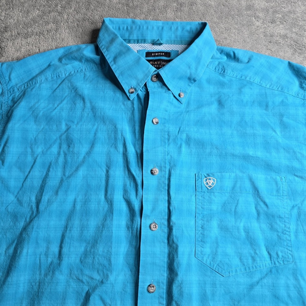 Ariat Pro Series Shirt Mens XXL Blue Windowpane Stretch Button Down Babyshower